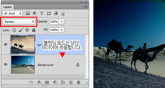블렌딩 모드 적용시 레이어 팔레트 이미지