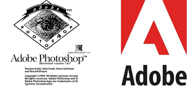 adobe photoshop의 초기버전 버전 1.0의 아이콘 이미지(좌)와 현재의 어도비 로고 이미지(우)